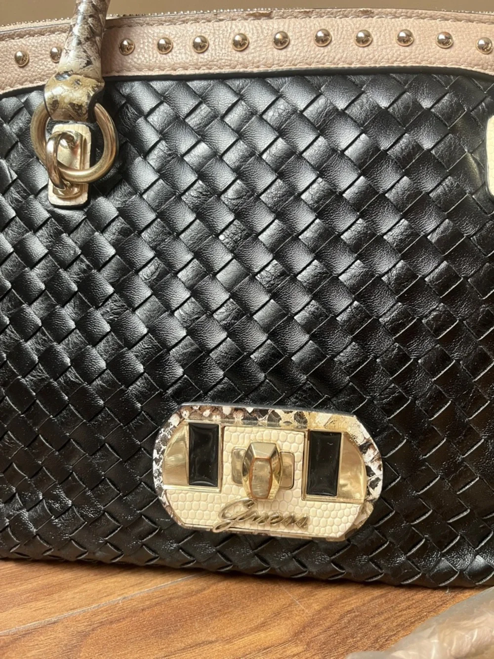 Guess Black Woven Shoulder Bag with Cream Trim and Gold Accents - Picture 3 of 9